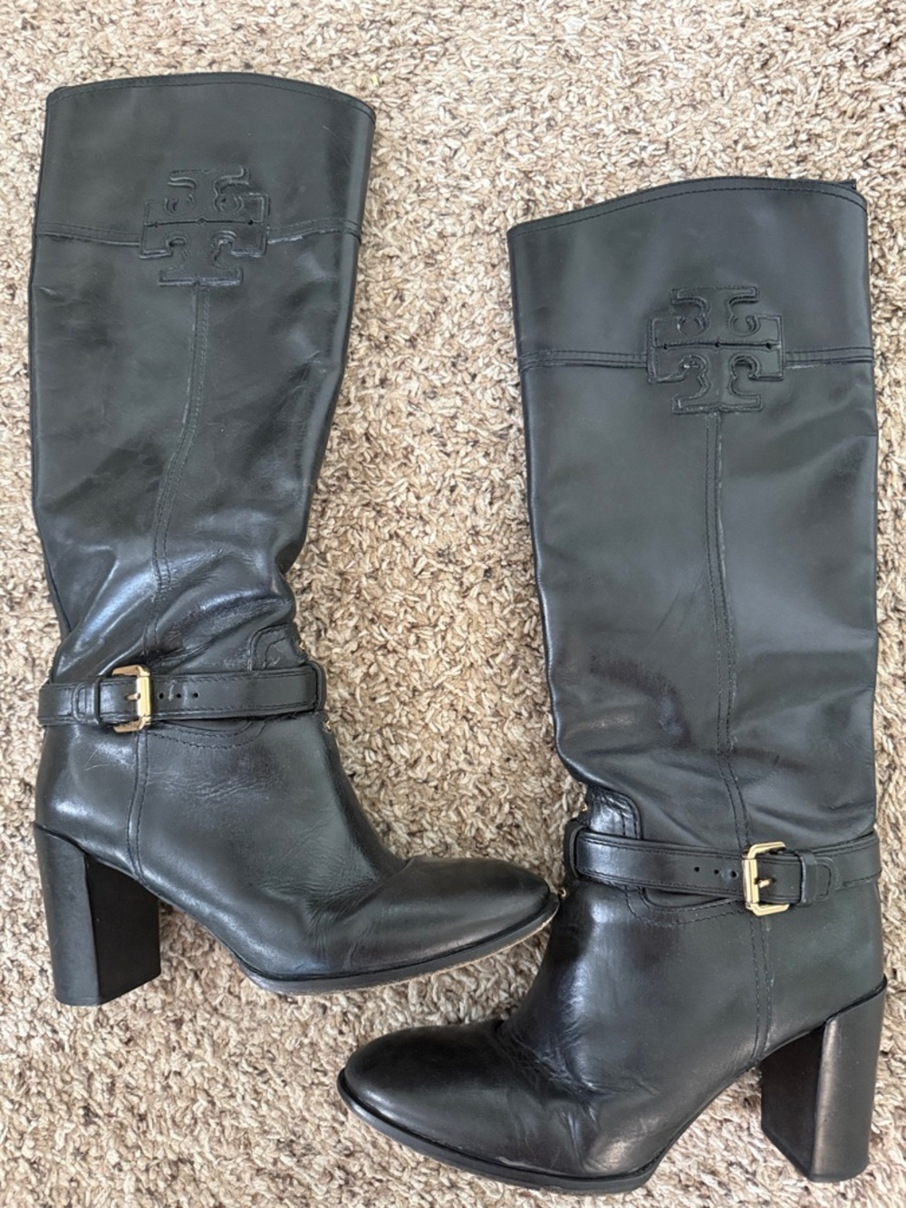 Tory Burch Black Leather Mid-Calf Block Heel Boots with Gold Buckles